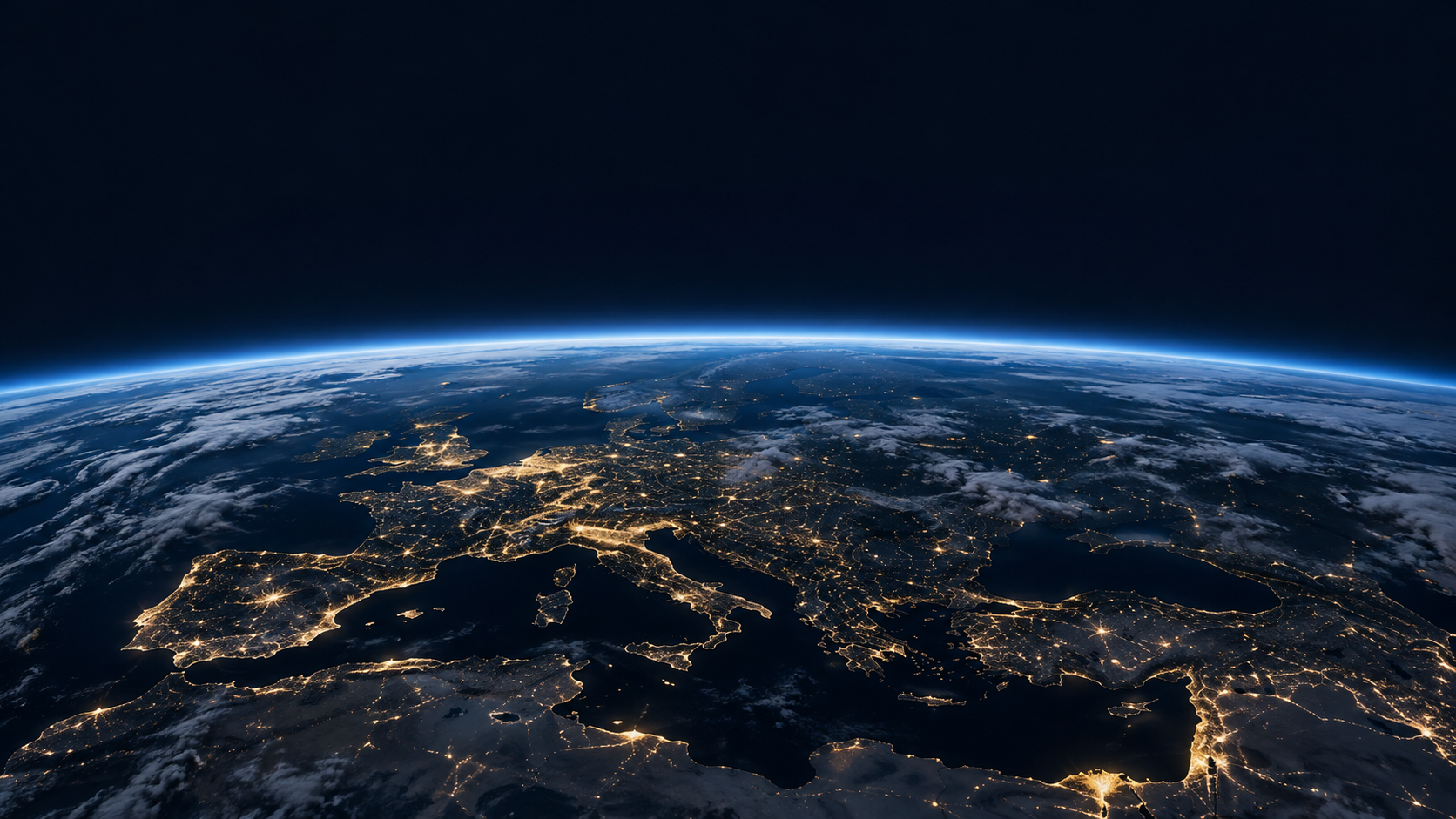 Illustrative Earth horizon and city lights viewed from space