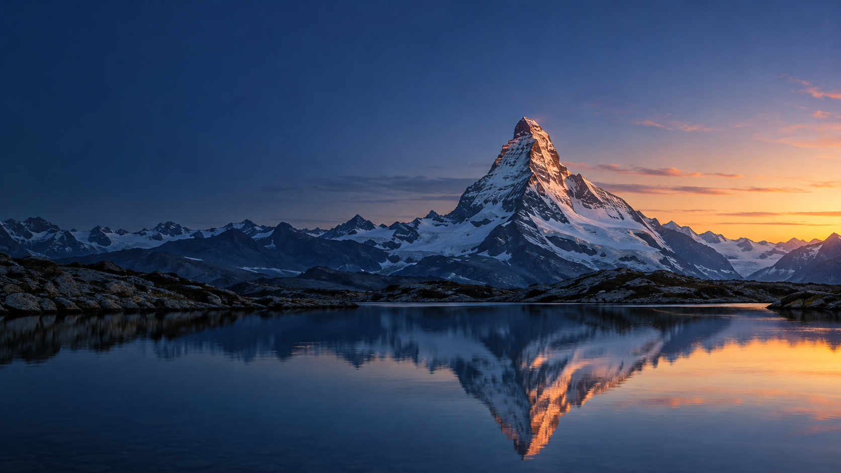Illustrative alpine mountain and lake at blue hour