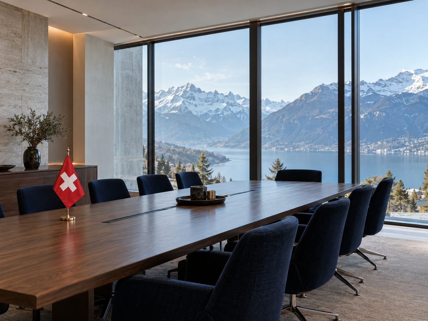 Illustrative Swiss conference room with mountain and lake views